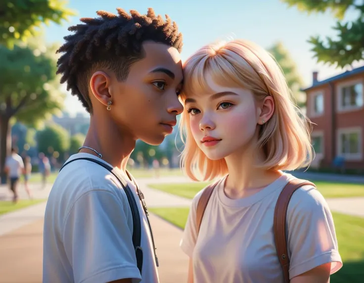 teenage boy with teenage girlfriend, best friends, love, blushing, close-up, sunny weather, suburbs in the background, empty playground, bokeh, best quality, HD, intricate, elegant, volumetric lighting, scenery, digital painting, highly detailed, artstatio...