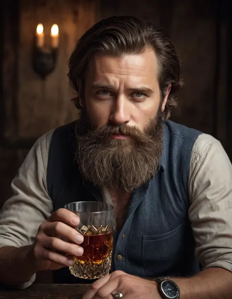 	a DSLR photo with high detail, showcasing a portrait of a man with a rugged, three-day beard, capturing a slightly befuddled expression. Hes holding a whisky glass, suggesting a casual, laid-back atmosphere. His gaze is hazy, yet directly engaging with th...