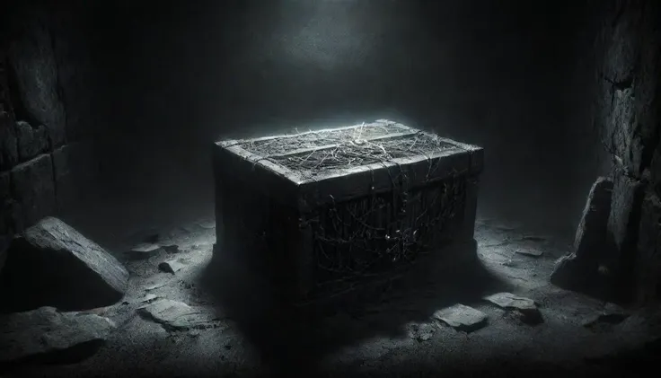 a dark room with a stone chest and a light shining on it