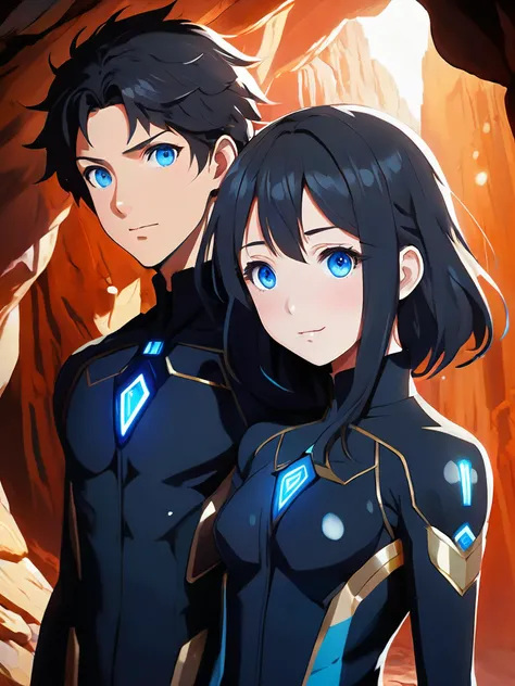 (Painted Anime:1.7), (anime art of Paul Atreides and Chani together in a sietch (cave home), Paul x Chani adorable,  Chani has black long hair and crytal blue eyes, Both wear a black Stillsuits, close up of the cute couple smiling:1.3), masterpiece, 4k, be...