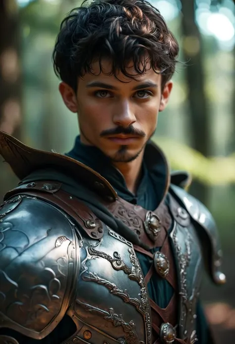 ((raw photo)),((full body shoot:1.3))  (wide angle), ((focus on character)),  photo of beautiful   young man from akaviri  with Handlebar Goatee and    Pixie cut hairsytleenvy smile  he  is a warrior  in Ring Mail Armor , with ((bow )) ,  BREAK, perfect de...