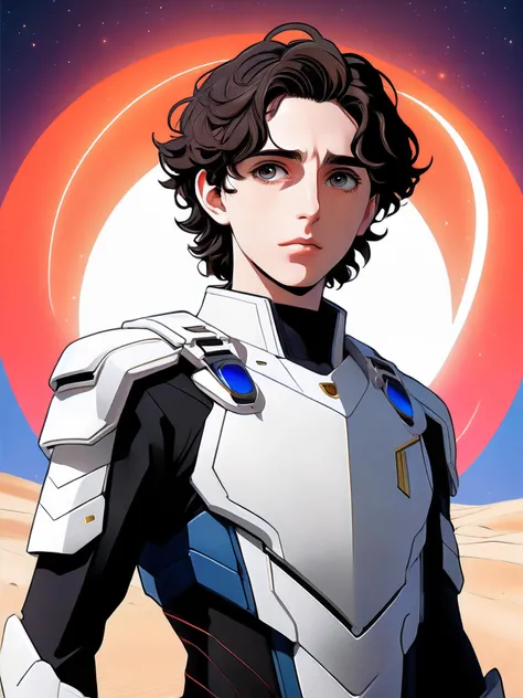 (Painted Anime), (Dune Universe:1.4), (Anime Film Cover:1.2), (Timothée Chalamet as Paul Atreides in Stillsuite:1.3) ((Front view.)), ((My Hero Academia art style)), (Eve art style:1.3), (cel shading, vintage anime:1.25), outline, white outline), art by at...