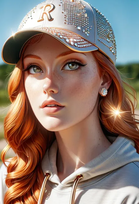 pretty ginger young woman with freckles and a rai-bling baseball cap, stylish hoodie, summer, sunny weather, pretty ginger young woman with freckles and a rai-bling baseball cap, stylish hoodie, summer, sunny weather