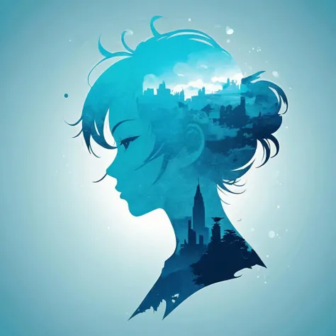 [Character]s silhouette in an art print with an anime girl shape, in the style of epic portraiture, double exposure, isolated [license] landscape, [cyan] and [blue], dynamic and action-packed, vector, strong use of negative space, (isolate on white:1.3), (...