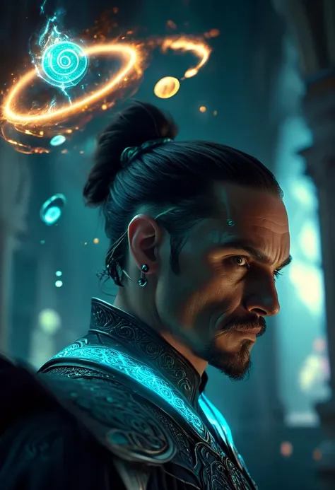 a man with a ponytail and a ring around his head