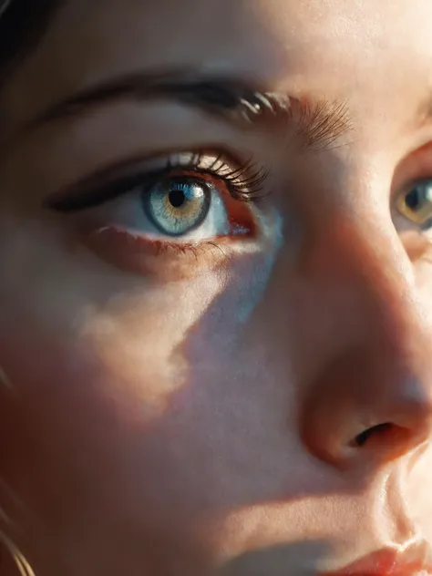 shot by Martin Schoeller, adult girl, makro view of eyes and nose, side view, very detailed, 4k, 8k, amazing likeness. very detailed, masterpiece. cinematic. dramatic. stylized. beautiful. sunset lighting.