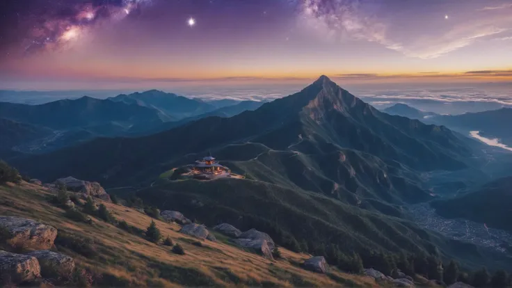 celestial mountain peak meditation retreat with serene views, best quality, HD, ~*~aesthetic~*~