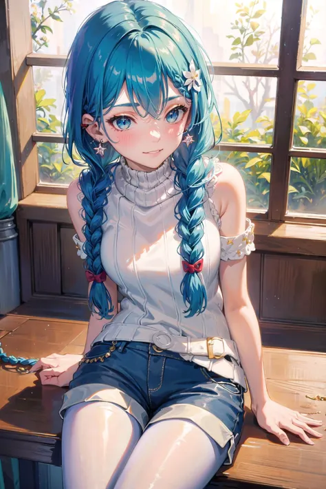 anime girl with blue hair sitting on a table in front of a window