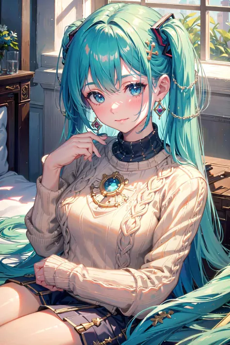 anime girl with blue hair sitting on a bed with a green hair