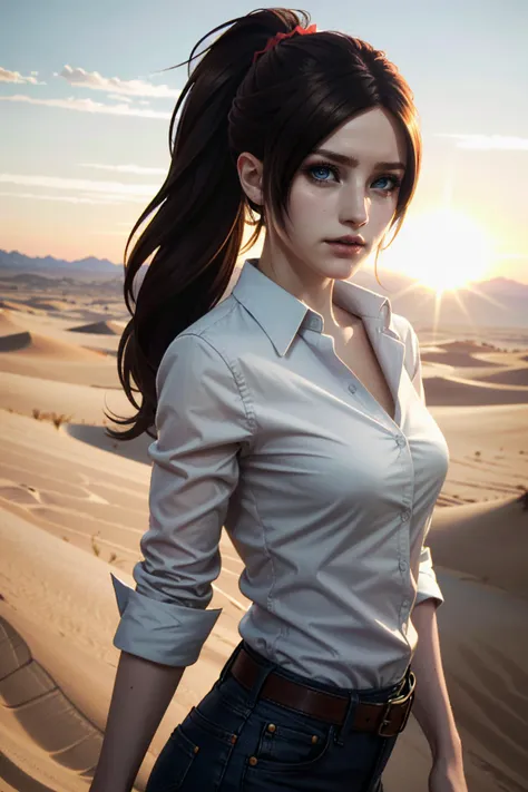 a woman with long hair and a white shirt standing in the desert