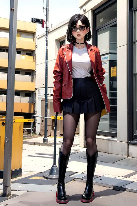 masterpiece,best quality,ultra detailed,detailed face,solo,earrings,8K,longleg,(((whole body))),(late night),outdoor,<lora:RealPantyhose_1_0:0.8>,black color RealPantyhose,1girl,fundoshi,blush,red lips,1girl,open_jacket,sunglasses,skirt,vboots,<lora:Vå£ä¸...