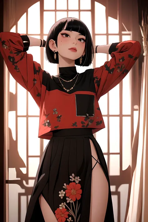 masterpiece, best quality, 32k, insane details, intricate details,
1girl, fashion photography, in style of angura keihime - cut, straight hairin a minimalist Misasakan roomhigh-wistskirtcllaredshirt(short hair:1.4)stripedblunt bangs(Mole under eye:...