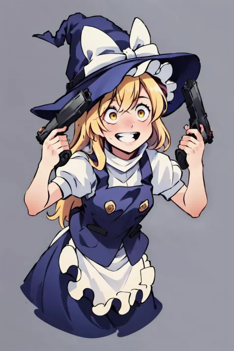 <lora:Guns Akimbo:0.9>, guns akimbo, looking at viewer, smile, holding, weapon, teeth, grey background, holding weapon, gun, leaning forward, holding gun, handgun, dual wielding, wide-eyed, crazy eyes, crazy smile, 1girl, 
1girl, blonde hair, witch hat, ye...