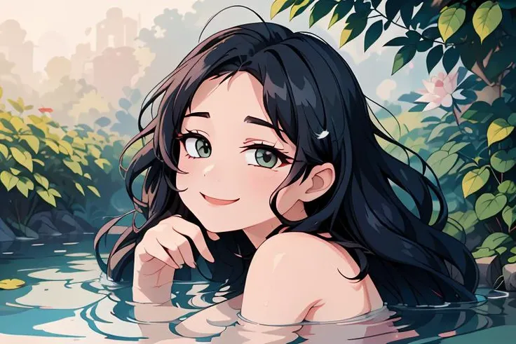 anime girl in the water with long black hair