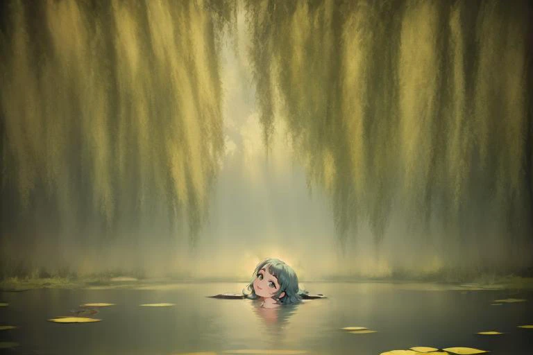 painting of a woman floating in a lake with a tree in the background