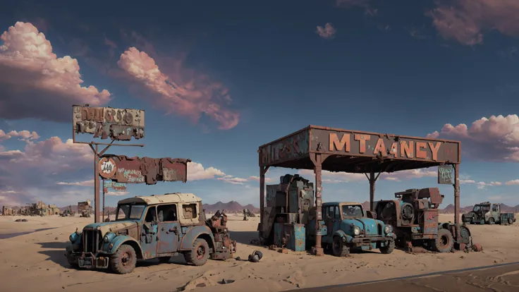 rusty steampunk gasoline station, madmax, mad max, rage 2, pixar, epic clouds, sunny day, borderlands, post-apocalyptic desert, sand dunes, hyper realistic, hyperrealistic, masterpiece, best quality, landscapes, ultra detailed, <lora:toon_mix:0.4>, oversat...