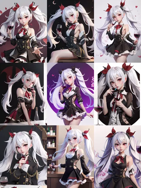 masterpiece:1.2,best quality:1.2, incredibly absurdres, absurdres, highres, wallpaper, colorful, 
1girl, solo, vampire (azur lane), petite, white hair, long hair, twintails, red eyes, <lora:Out:0.7>, wine glass,