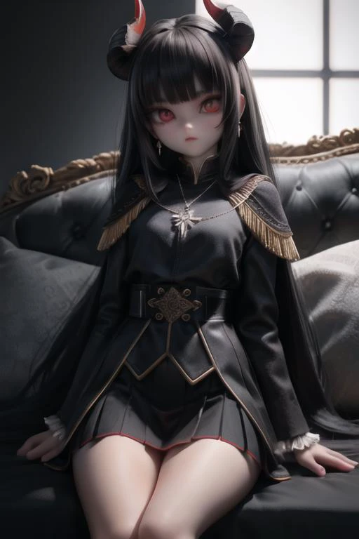 8K,girl, solo,long _hair_with_fringe, jewelry, dark_hair,red_capes,red_eyes, vertical slit shaped pupils,soldier_uniform,short_skirt, earrings, goat _horn_on_head,sky, necklace,see-through,pale_skin,indoor,dark_old_stone_castle,night,loud_talking,look_fron...