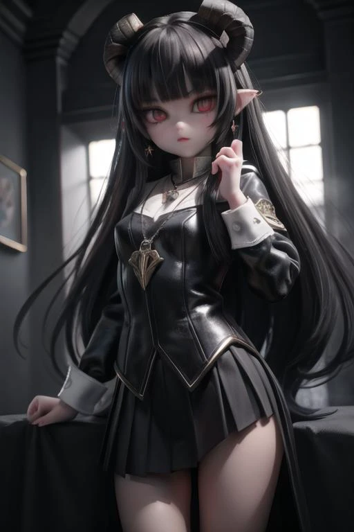 8K,cute_girl, solo,long _hair_with_fringe, jewelry, dark_hair,red_eyes, vertical slit shaped pupils,soldier_uniform,short_skirt, earrings,giant_black_bat_wings, goat _horn_on_head,sky, necklace,see-through,pale_skin,indoor,dark_old_stone_castle,night,loud_...