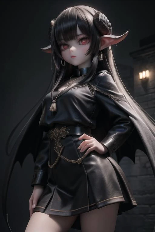 8K,girl, solo,long _hair_with_fringe, jewelry, dark_hair,red_eyes, vertical slit shaped pupils,soldier_uniform,short_skirt, earrings,big_black_bat_wings, goat _horn_on_head,sky, necklace,see-through,pale_skin,indoor,dark_old_stone_castle,night,loud_talking...