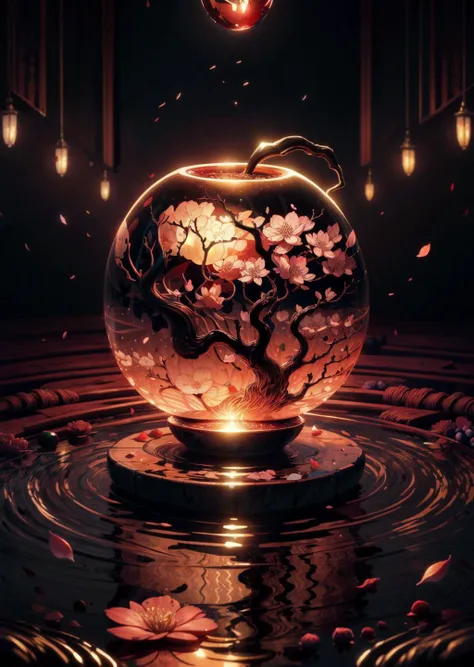 an bright golden apple with intricate etchings on water , [skull:0.5], insanely detailed and intricate,godrays,ray traced reflections,cherry blossom petals floating in the air,  <lora:add_detail:1.0> <lora:Bloodstainai:0.8>,bloodstainai ,