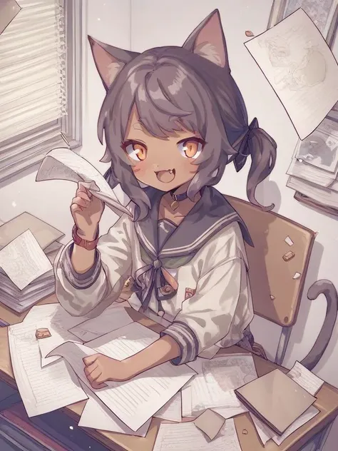 <lora:Neoki-PonyXL-1024px:0.9>
score_5_up,  score_6_up,
1girl, solo, sitting, on a desk full of important papers, cat_ears, crumpled paper,smile, open mouth, fang