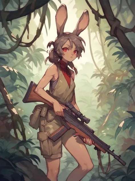 <lora:Neoki-PonyXL-1024px:0.8>
score_5_up,  score_6_up, score_7_up,  score_8_up, score_9_up,
1girl, solo, standing, holding rifle, wearing fatigues, sleeveless, rabbit_ears, red eyes, jungle background