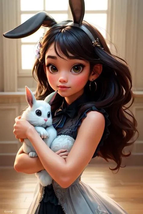 a girl in bunny ears holding a white cat in her arms