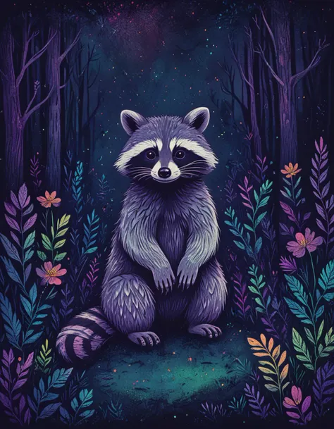 a raccoon sitting in the woods at night with flowers and leaves