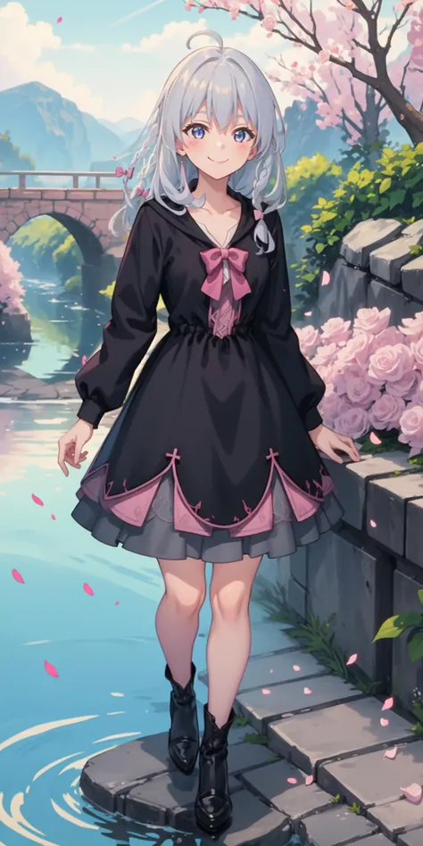 1girl, long hair, braid, (pink hair bow:1.3), grey hair, ahoge, blue eyes, (dress:1.3), black dress, collarbone, flowers and petals, smile, closed mouth, (illustration:1.1), (perfect details:1.1), landscape, river in background, rose, abstract, full body, ...