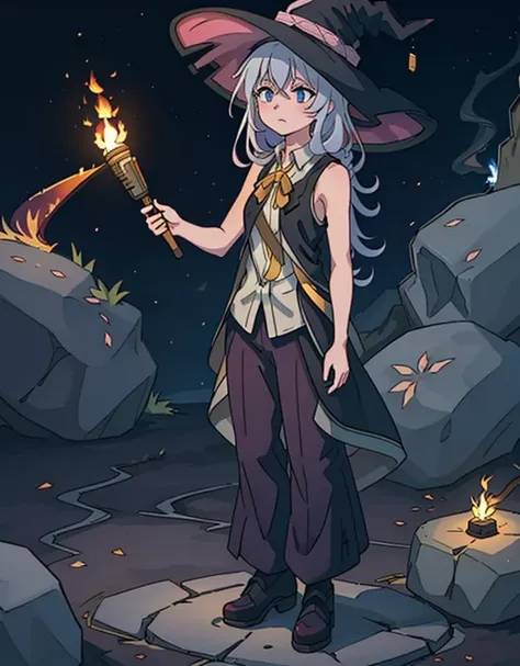 elaina (majo no tabitabi), 1girl, solo, (holding torch:1.5), long hair, yellow ribbon, pink hair bow, neck ribbon, witch hat, standing, braid, blue eyes, grey hair, hair between eyes, white shirt, sleeveless shirt, hat, full body, <lora:Elaina_TV_v17.7:1>,...