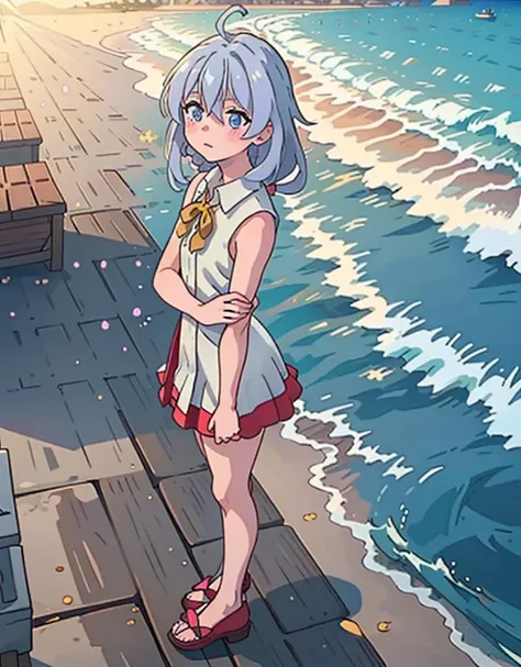 elaina (majo no tabitabi), 1girl, solo, long hair, one ahoge, yellow ribbon, pink hair bow, neck ribbon, standing, braid, blue eyes, grey hair, hair between eyes, white shirt, sleeveless shirt, red dress, full body, <lora:Elaina_TV_v17.7:1>, beach, ocean a...