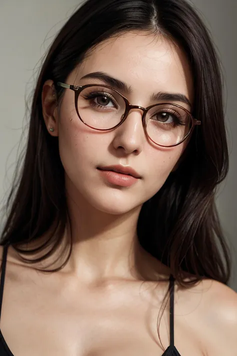 a close up of a woman wearing glasses and a bra top