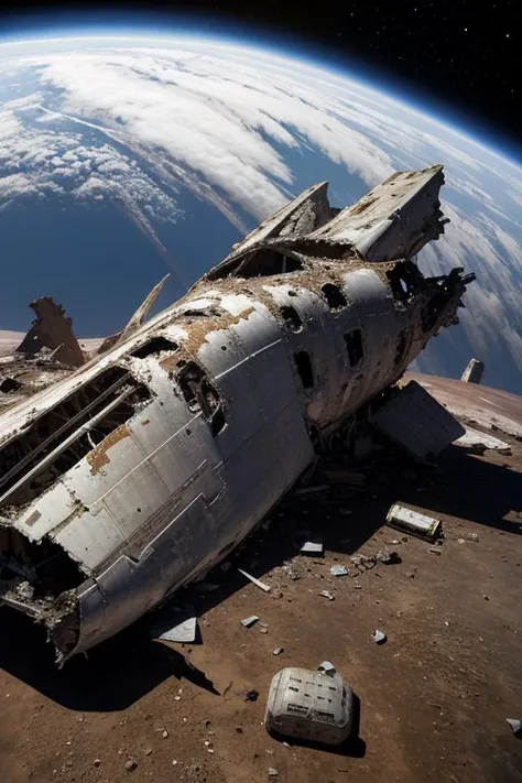 arafed airplane sitting on top of a dirt field next to a planet