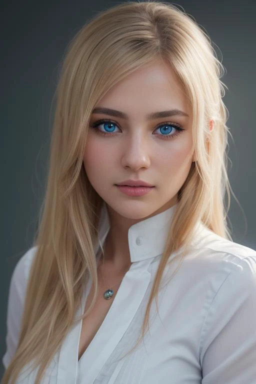 a close up of a woman with long blonde hair wearing a white shirt