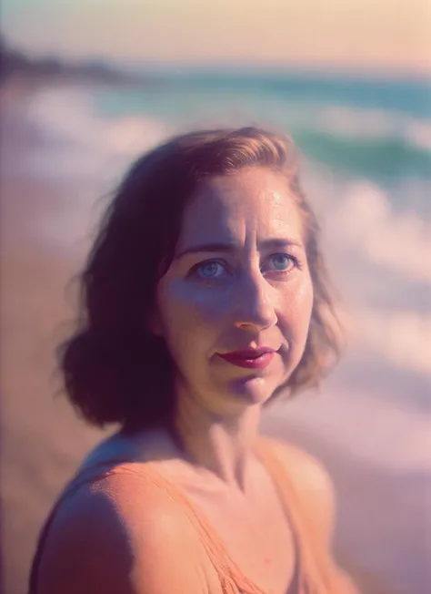 photo of beautiful sks woman, hyper realistic photograph, detailed face,film grain, Kodak portra 800, f1.8, intricate, at the beach, <lora:locon_kristenschaal_v1_from_v1_64_32:1.4>