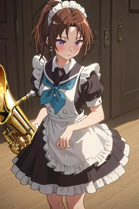 best quality, masterpiece, highres, solo, {maid:1.40}, {long maid dress:1.15}, {nakagawa_natsuki_soundeuphonium:1.15}, brown_hair, ponytail, long_hair, purple_eyes, blush, serafuku, closed_mouth, indoors, bangs