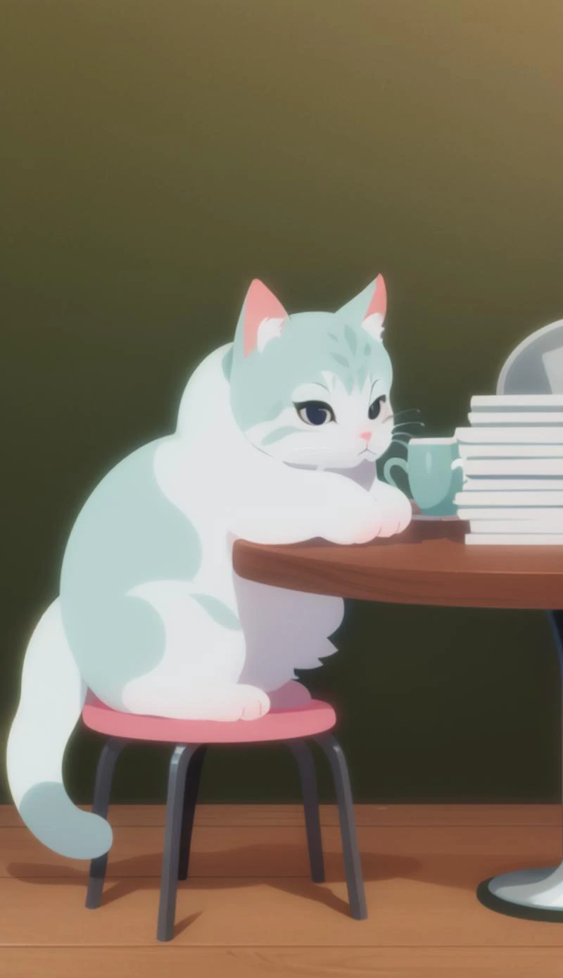 anime cat sitting at a table with a stack of books