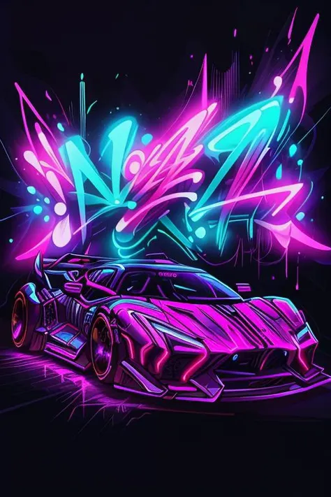 a neon car with graffiti on the side and a butterfly on the back