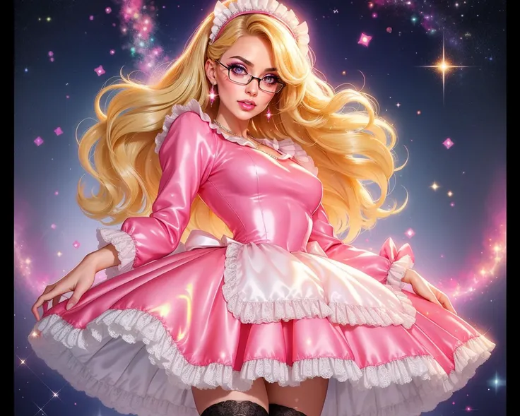 a close up of a woman in a pink dress and glasses