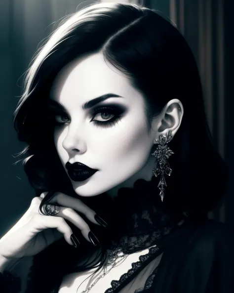 a close up of a woman with black makeup and a black dress