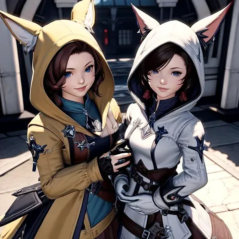 two anime characters dressed in costumes posing for a picture