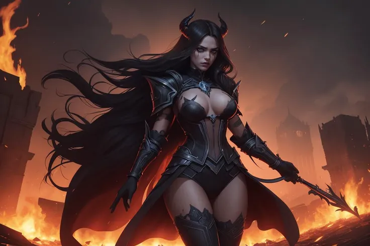 (dark skin), (demon horns), large breasts, Immortal temptation takes over my mind Condemned Fallen weak on my knees, summon the strength Of mayhem I am the storm that is approaching Provoking black clouds in isolation I am reclaimer of my name Born in flam...