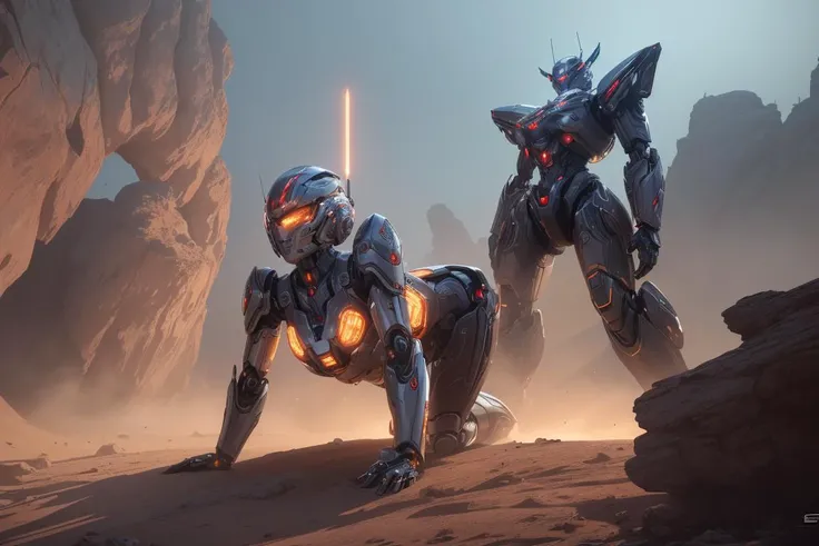 masterpiece, best quality, ultra-detailed, intricate, highly detailed, high resolution, realistic, HD, 8K, 1man, female robot, dynamic pose, an extremely delicate mecha, glowing dark red led parts, full body, High tech background, rim light, science fictio...