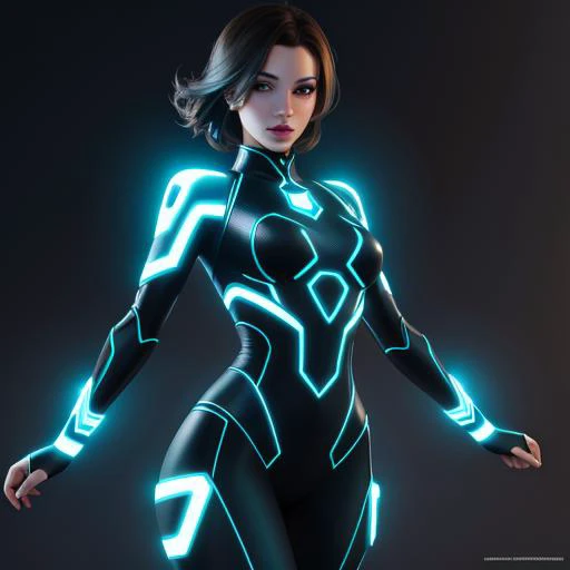 a 3d model of a woman in the style of tron. she is translucent and transparent