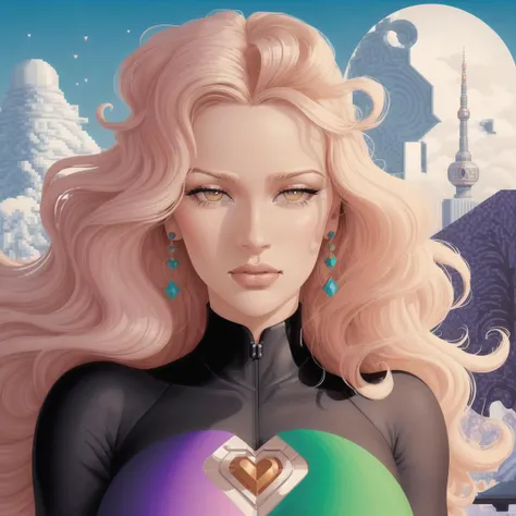 (Alternative Digital Artwork:1.3) of (Ultra detailed:1.3) Average Height, Wide Hips, Heart-Shaped Face, Dark Skin, Strawberry Blonde Hair, jade Eyes, Long Nose, Full Lips, Sharp Chin, Long Hair, Curly Hair, Bouncy Curls, soft breasts, Huggie earrings, lave...