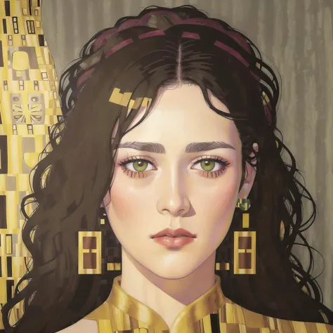 (Alternative Digital Artwork:1.3) of (Ultra detailed:1.3) Short, Thin, Round Face, Olive Skin, Chestnut Hair, grey Eyes, Wide Nose, Pouty Lips, Sharp Chin, Long Hair, Straight Hair, Braided Crown, augmented breasts, Clip-on earrings, burgundy stain lipstic...