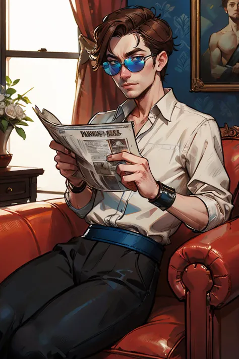 MK2,man, short brown hair, sunglasses, blue wristbands, blue belt, black pants, looking at viewer, serious, smirk, sitting, on sofa, reading newspaper, inside fancy living room, soft lighting, high quality, masterpiece, <lora:jk:.8>