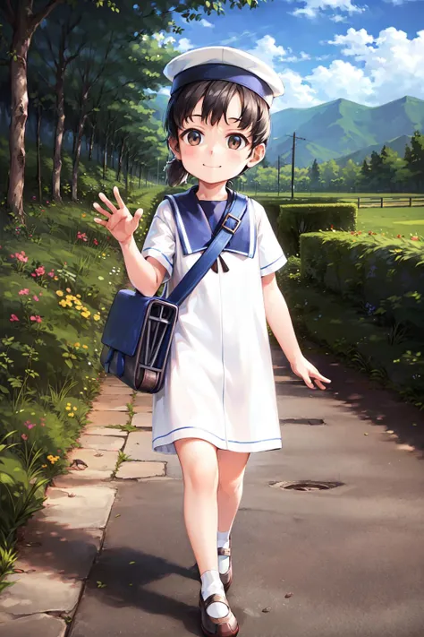 anime girl walking down a path with a blue bag and a blue backpack