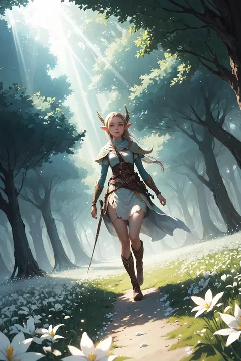 masterpiece,best quality,1girl,elf adventurer walking through a field of white flowers,dutch angle,cinematic,volumetric lighting,sunbeam,soft lighting,mystical,magical,rim lighting,fantasy,sparkle,glittering,